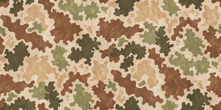 Abstract camouflage pattern with irregular shapes in earthy tones of brown green and beige for military or fashion design