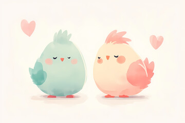 Adorable cartoon birds in love. Soft pastels and hearts create a sweet, romantic mood.