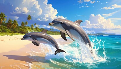 Fototapeta premium Two dolphins leap gracefully above ocean waves against a backdrop of tropical paradise, showcasing a joyful and vibrant scene.