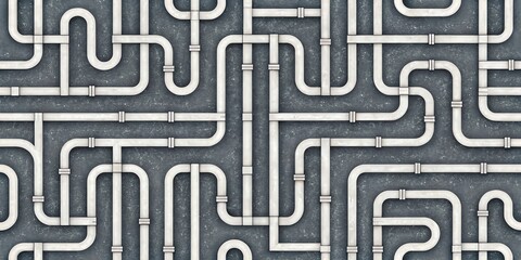 Intricate network of white industrial pipes and conduits forming a complex maze pattern on a dark textured background