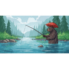 Bear Fishing in the Rain Under an Umbrella