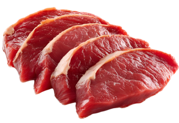 Freshly sliced raw meat on a white background, ideal for meal preparation, recipes, or culinary presentations.