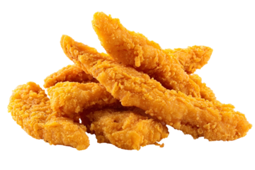 Delicious crispy chicken tenders stacked on top of each other, perfect for meals or snacks, offering a savory and crunchy experience.