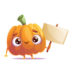 An adorable cartoon pumpkin character cheerfully holding a blank sign, ideal for various seasonal designs