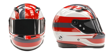Dynamic racing helmets designed for high-speed motorsport activities, featuring bold colors and aerodynamic styling.