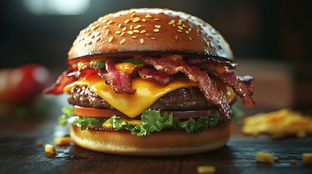 A juicy burger, stacked with melted cheese, crispy bacon, and fresh vegetables