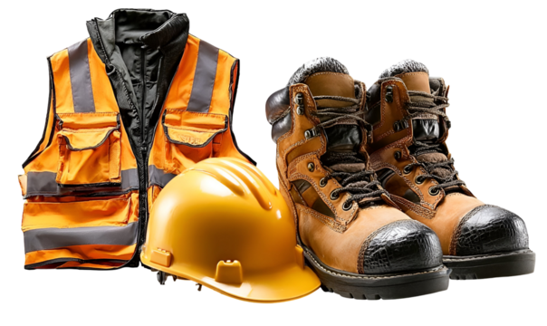 Safety gear including a reflective vest, hard hat, and work boots, essential for protection in construction and industrial settings.