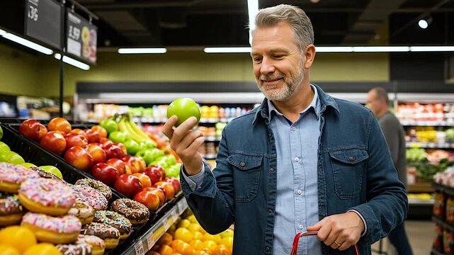 Man selecting apples in grocery store produce section