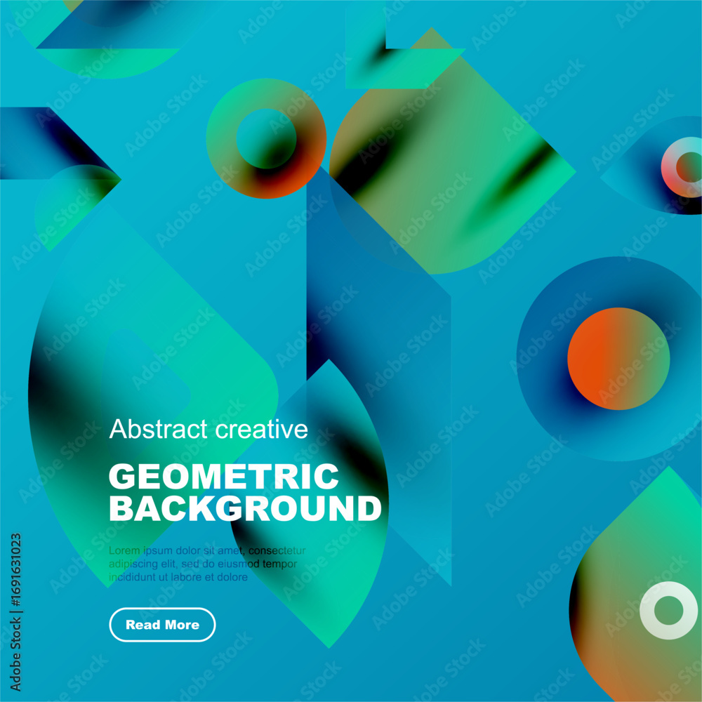 Poster vibrant abstract composition. geometric shapes overlap, creating dynamic visual experience. blue, te