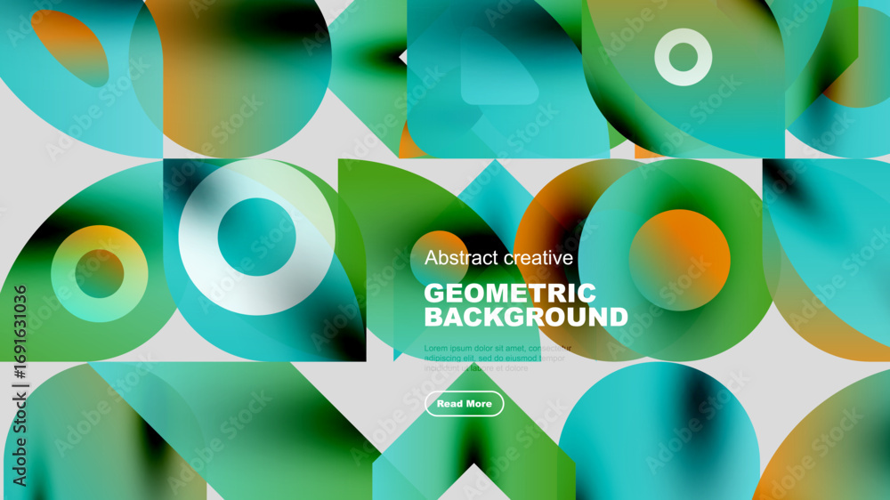 Poster abstract geometric background features overlapping circles, squares, triangles. vibrant colors blend
