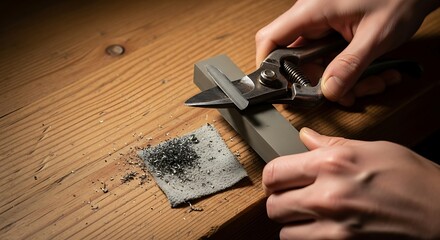 Hands sharpening shears with precision and care