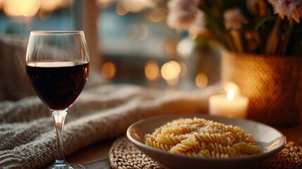 Romantic pasta dinner setup – Cozy Dining Ambiance with Pasta and Wine at Sunset soft candlelight ambiance, elegant table setting with red wine, cozy atmosphere perfect for food and drink storytelling