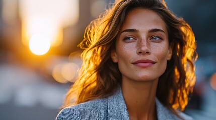 Sunset portrait of confident woman – Woman Smiling at Sunset with Sunlit Hair in Urban Setting glowing hair in golden hour light, urban fashion lifestyle, stylish pose with empowering expression