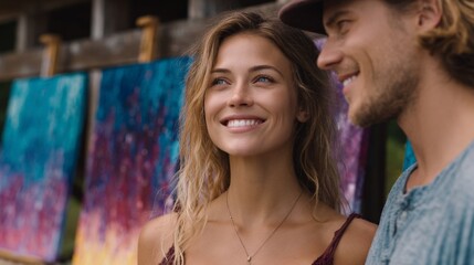 Joyful Couple Enjoying Art Outdoors with Colorful Paintings in Background glowing hair in golden hour light, urban fashion lifestyle, stylish pose with empowering