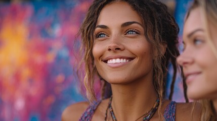 Joyful Young Woman Smiling Against Colorful Artistic Background glowing hair in golden hour light, urban fashion lifestyle, stylish pose with empowering expression