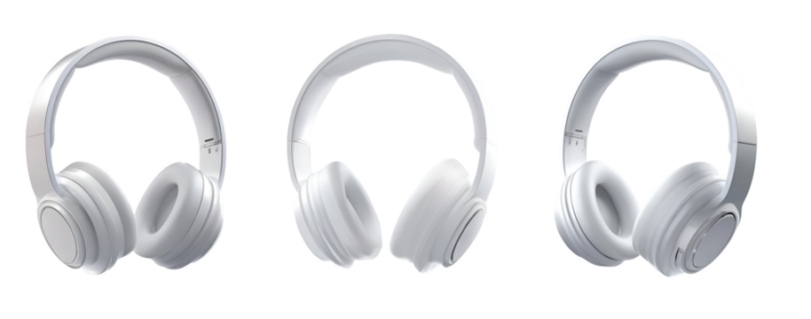Three stylish white headphones in various angles showcasing a modern design, perfect for music lovers and tech enthusiasts.