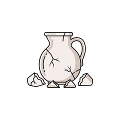 Vector illustration of empty ceramic and glass jugs, one white jug with handle for cold drinks that has cracks