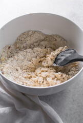 Overhead view of fire crackers dough in a bowl, top view of spicy cracker dough, process of making fire crackers