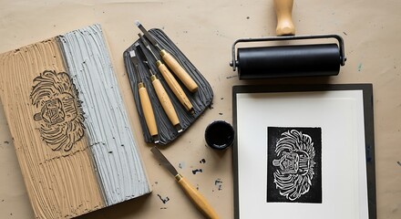 Linocut printing tools and artwork creation