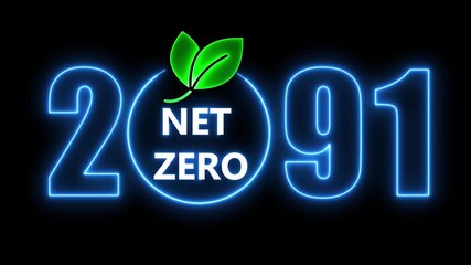 Glowing neon sign displaying net zero concept with leaf symbol and year 2091