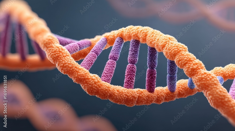 Poster detailed close-up of dna helix structure, showing colorful base pairs and backbone with soft focus b