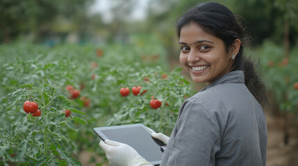Pakistani modern farmer woman holding tablet working in tomato plant field