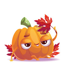 An adorable animated pumpkin character joyfully celebrating the autumn season with colorful falling leaves