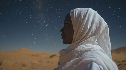 Afro woman wearing traditional Muslim hijab with star light for Eid al-Adha mubarak background