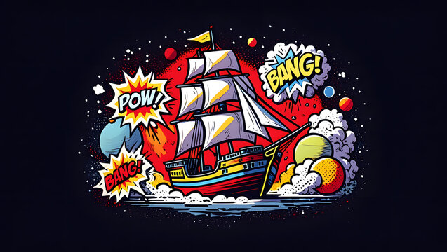 Comic Book Style Sailing Ship Exploding Through Space: Vibrant, Energetic Illustration - Powered by Adobe