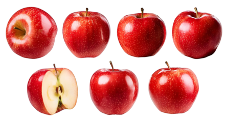 A collection of fresh, shiny red apples, showcasing whole and sliced varieties, perfect for health and nutrition themes.