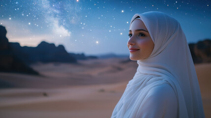 Caucasian woman wearing traditional muslim hijab with star light for Eid al-Adha mubarak background