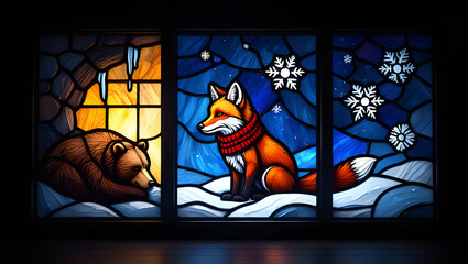Winter Solstice:  Stained Glass Triptych of Bear, Fox, and Snowflakes;  Serene, Festive, Whimsical Artwork.