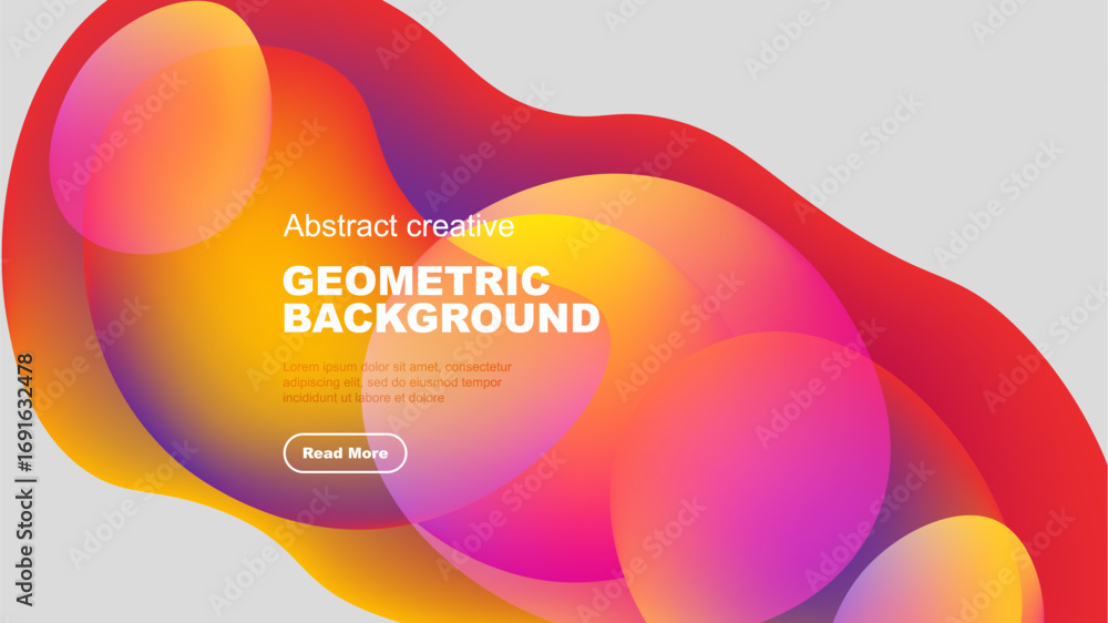 Poster vibrant fluid shapes overlap, creating dynamic colorful background. text block present, button visib