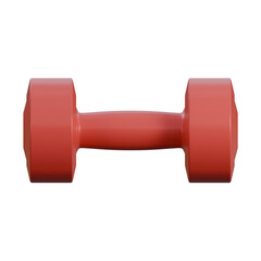 A realistic 3D render of a red dumbbell with smooth, glossy finish and precise detailing.