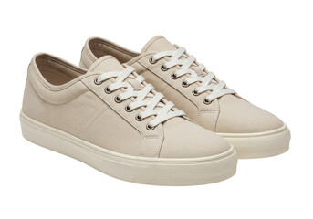 Pair of Cream Canvas Sneakers with White Laces and Thick Rubber Soles