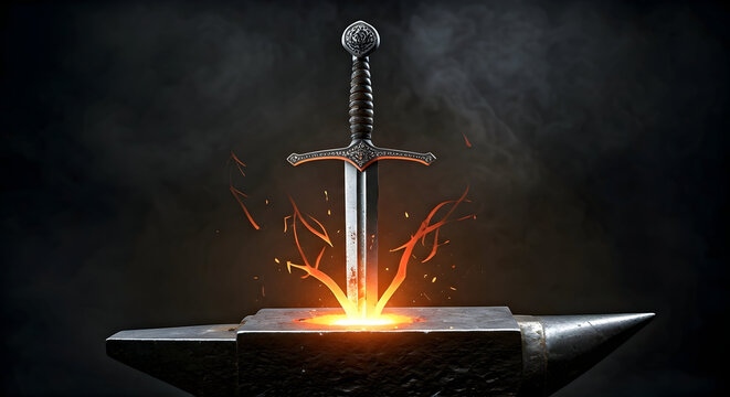 Epic Fantasy Sword Forged in Fire Embedded in Anvil with Glowing Embers and Smoke