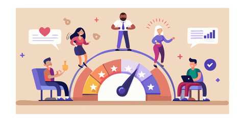 Diverse team celebrates high performance and customer satisfaction on a colorful rating scale