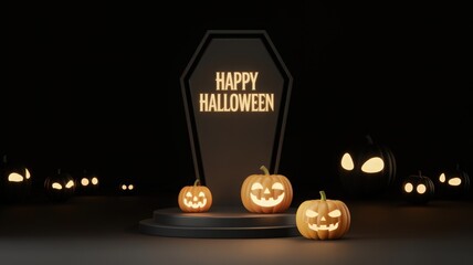 Halloween Pumpkins with Coffin and Glowing Eyes Display