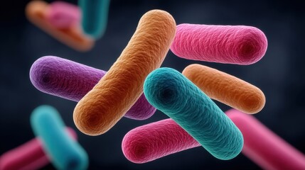 Vibrant and Colorful Bacteria with Textured Surfaces Floating in Dark Background, Representing Microbial Life and Scientific Study of Microorganisms