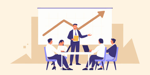Business meeting with a presenter showing a growing upward trending graph on a whiteboard