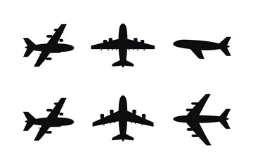 Silhouettes of various airplanes in flight against a dark background, illustrating aviation and travel themes.
