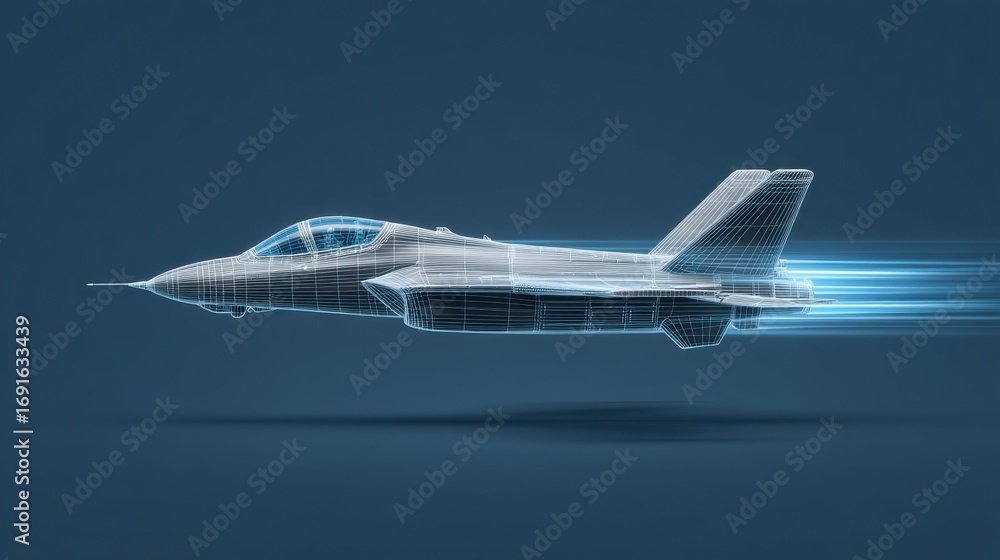 Poster futuristic aircraft in motion with wireframe design and digital elements representing speed and inno