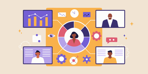 Diverse team collaborating remotely with data analytics and communication tools for business success