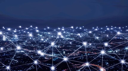 Futuristic Night City Skyline with Digital Network Lights and Bright Stars