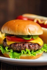 Close-up shot of a juicy beef burger and a classic hot dog, both nestled in buns, ready to be devoured Perfect for fast food, barbecue, or summer menu imagery , classic, meat, mustard