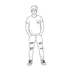 Obraz premium Handsome Man Black and White Illustration Vector Image Male Portrait Fashion Sketch Line Art Design 