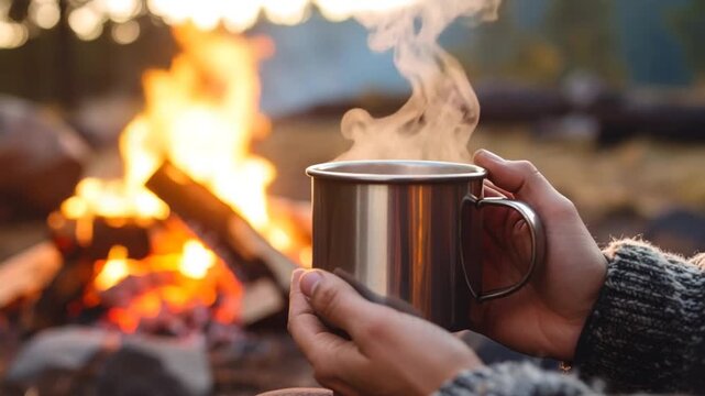 Warm mug by campfire