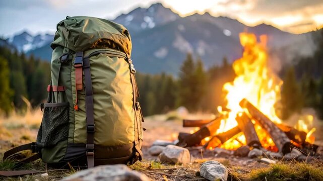 Backpack by campfire sunset