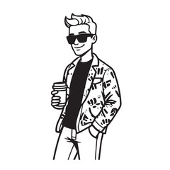 Handsome Man Black and White Illustration Vector Image Male Portrait Fashion Sketch Line Art Design	
