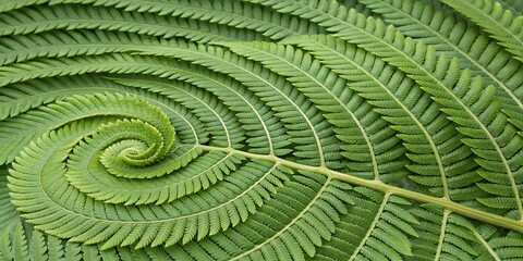 Fototapeta premium Close up of a vibrant green fern frond unfurling in a perfect spiral pattern